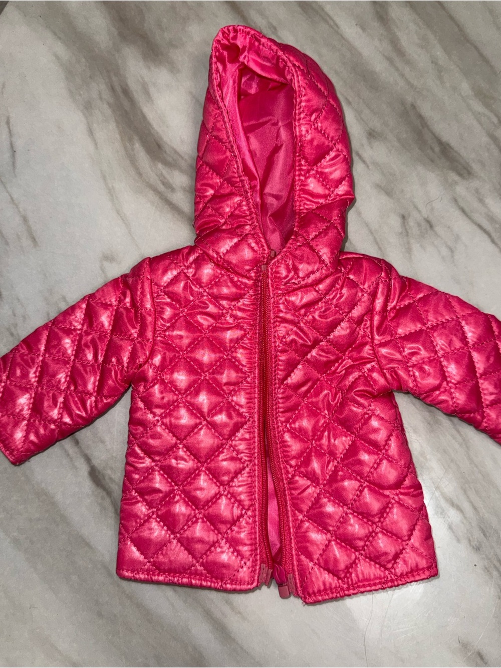 Pink puffy zip up jacket with hood fits 12” dolls